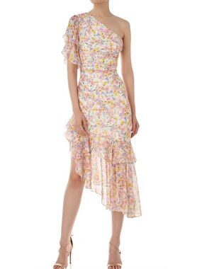 AMUR Clayton Floral One Shoulder Silk Ruffled Midi Dress Wild Meadow Size 2